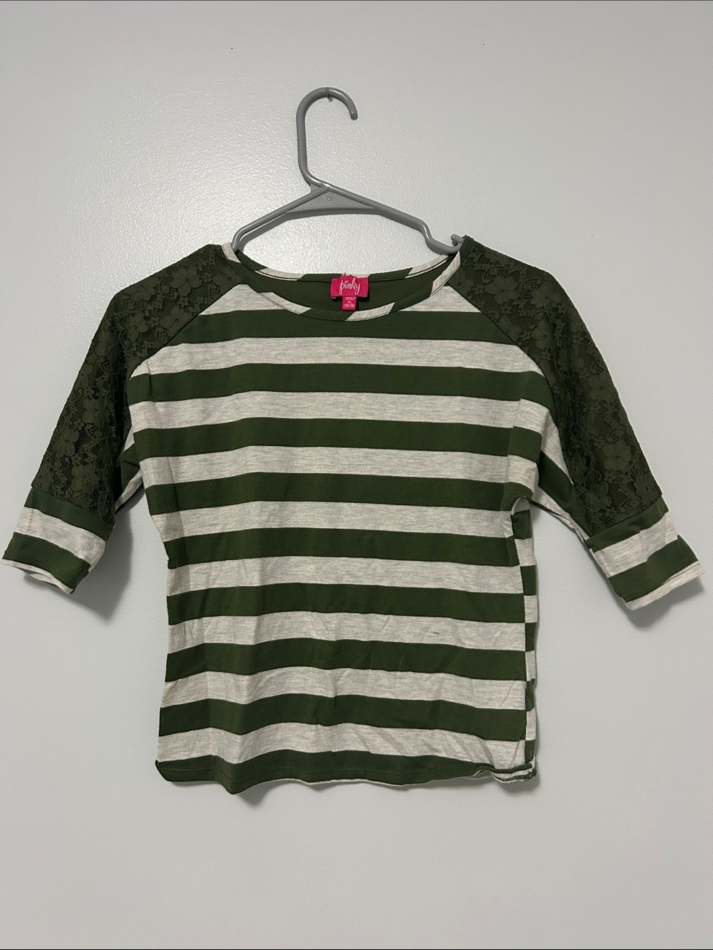 Pinky Olive Green & Cream Striped Lace Raglan Long Sleeve Tee